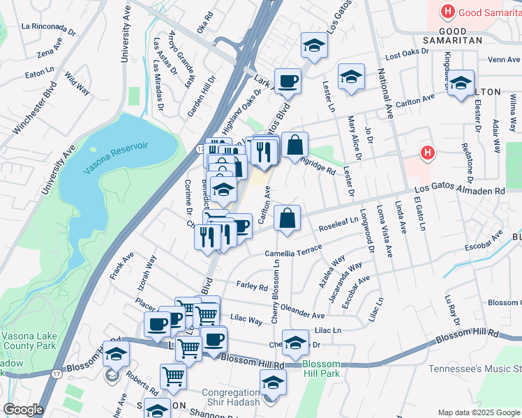 map of restaurants, bars, coffee shops, grocery stores, and more near 6 Carlton Avenue in Los Gatos