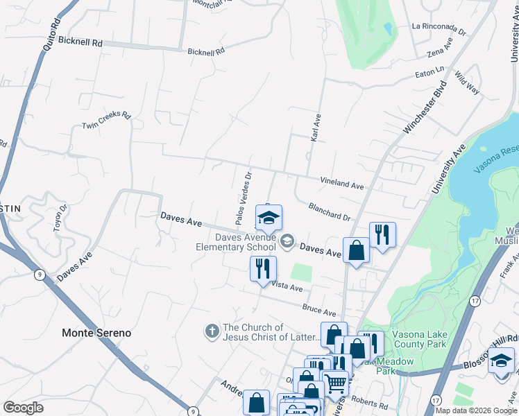 map of restaurants, bars, coffee shops, grocery stores, and more near 15590 Palos Verdes Drive in Monte Sereno