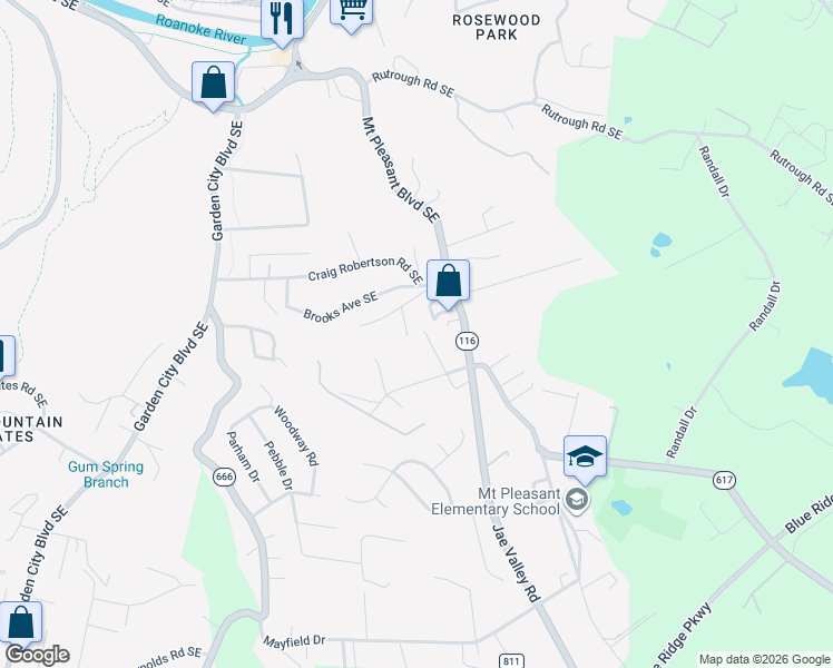 map of restaurants, bars, coffee shops, grocery stores, and more near 2776 Sunnyvale St in Roanoke
