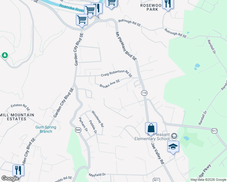 map of restaurants, bars, coffee shops, grocery stores, and more near 2720 Sunnyvale St in Roanoke