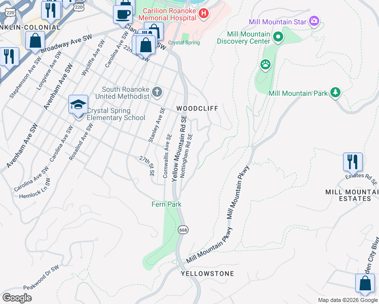 map of restaurants, bars, coffee shops, grocery stores, and more near 300-2388 Robin Hood Road Southeast in Roanoke