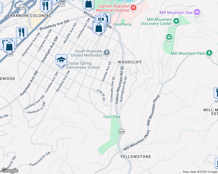 map of restaurants, bars, coffee shops, grocery stores, and more near 2619 Cornwallis Avenue Southeast in Roanoke