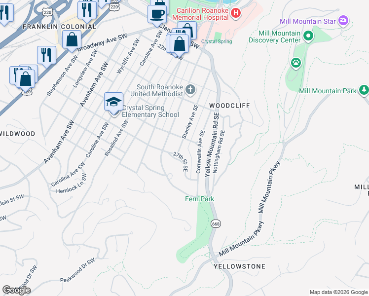 map of restaurants, bars, coffee shops, grocery stores, and more near 2619 Cornwallis Avenue Southeast in Roanoke