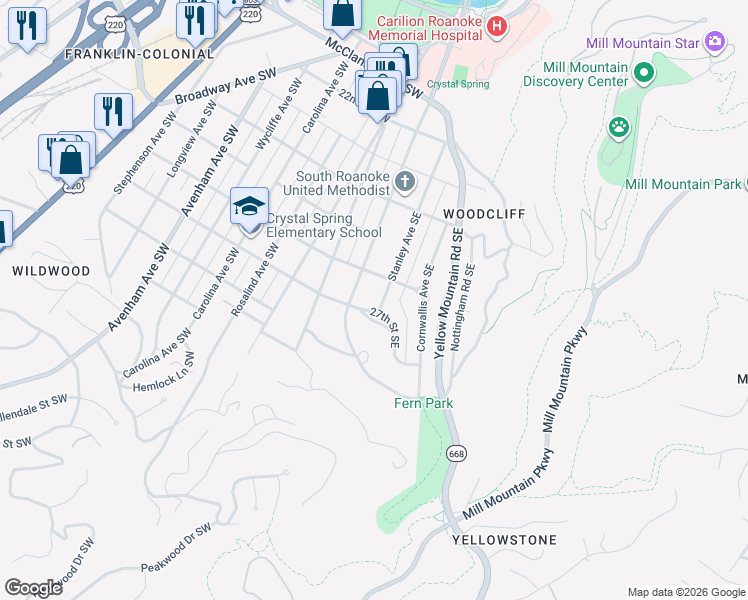 map of restaurants, bars, coffee shops, grocery stores, and more near 41-99 27th Street Southeast in Roanoke