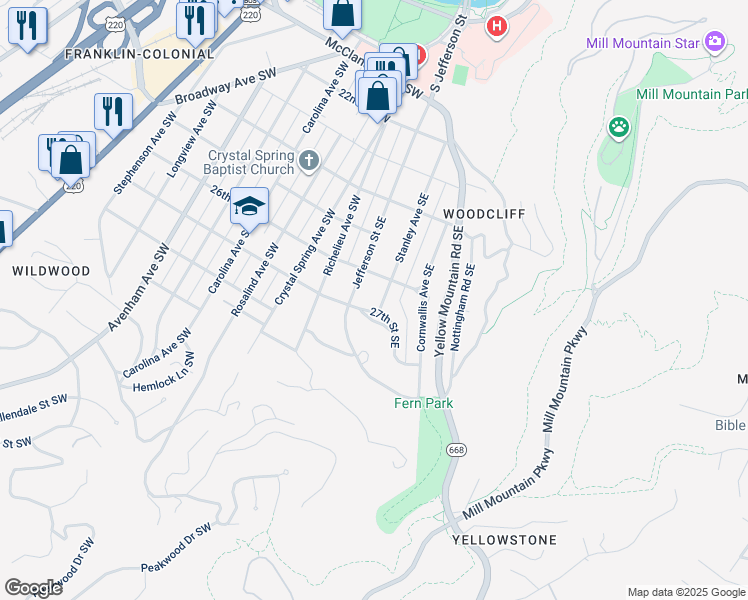 map of restaurants, bars, coffee shops, grocery stores, and more near 2623 Stanley Avenue Southeast in Roanoke