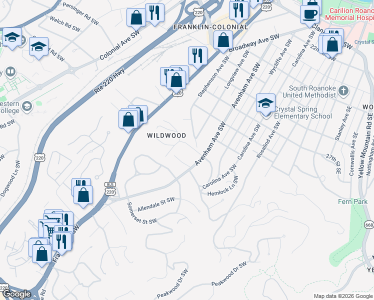 map of restaurants, bars, coffee shops, grocery stores, and more near 3027 Avenham Ave SW in Roanoke