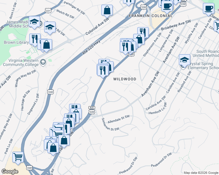 map of restaurants, bars, coffee shops, grocery stores, and more near 3207 White Oak Road Southwest in Roanoke