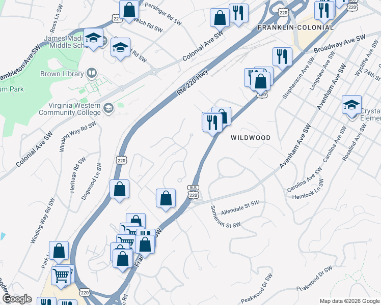map of restaurants, bars, coffee shops, grocery stores, and more near 3326 Southwest Kingsbury Circle in Roanoke
