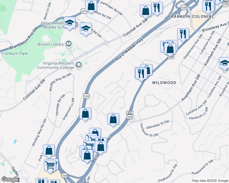 map of restaurants, bars, coffee shops, grocery stores, and more near 3338 Belshire Court Southwest in Roanoke