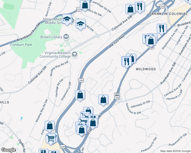 map of restaurants, bars, coffee shops, grocery stores, and more near 801-813 Duke of Gloucester St SW in Roanoke