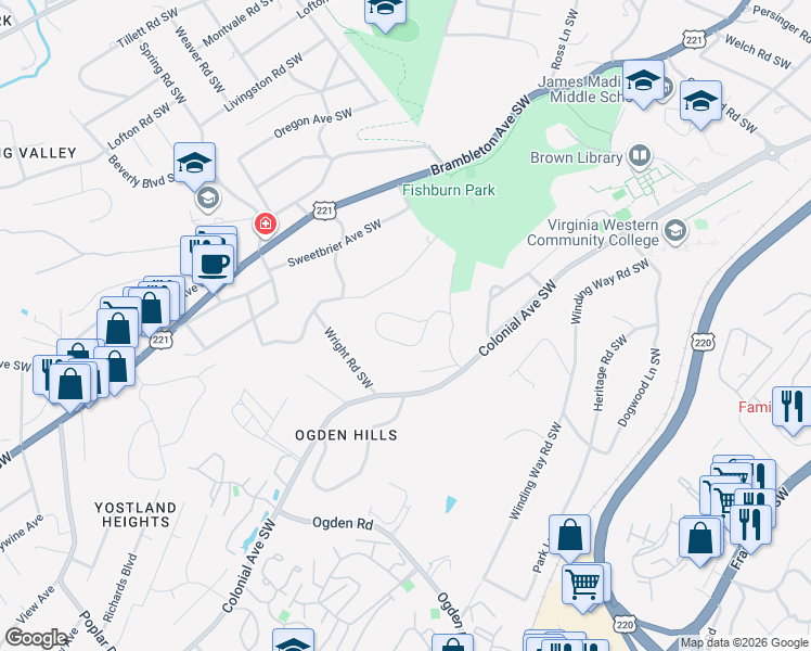 map of restaurants, bars, coffee shops, grocery stores, and more near 2549 Inglewood Road Southwest in Roanoke