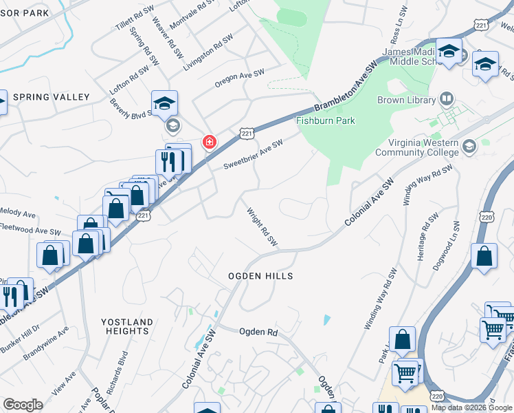 map of restaurants, bars, coffee shops, grocery stores, and more near 3536 Wright Road Southwest in Roanoke