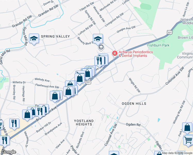 map of restaurants, bars, coffee shops, grocery stores, and more near 3611 Buckner Road Southwest in Roanoke