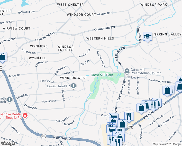 map of restaurants, bars, coffee shops, grocery stores, and more near 4209 Whitehall Circle Southwest in Roanoke