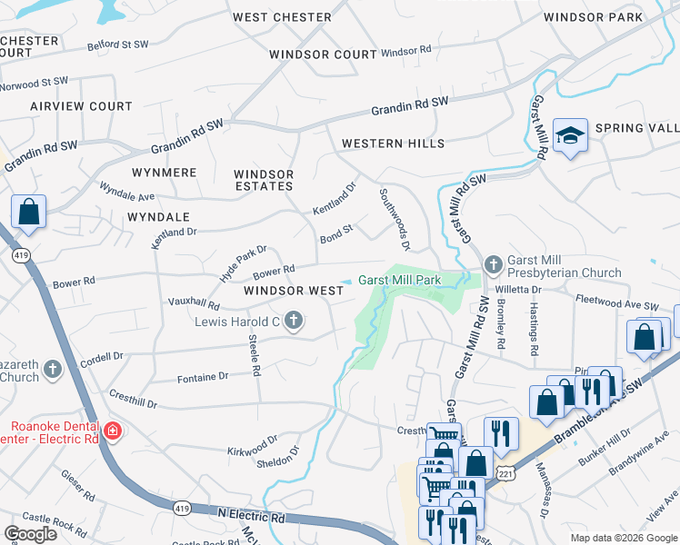 map of restaurants, bars, coffee shops, grocery stores, and more near 4209 Whitehall Circle Southwest in Roanoke