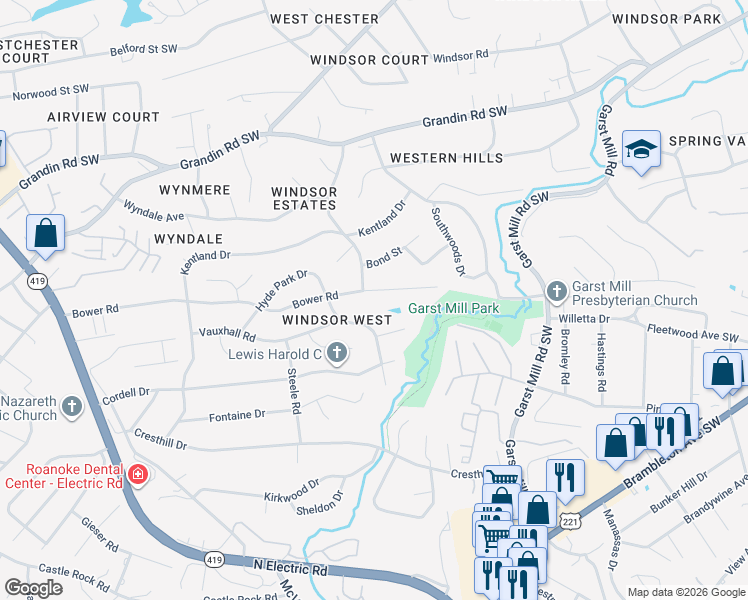 map of restaurants, bars, coffee shops, grocery stores, and more near 3727 Hyde Park Drive in Cave Spring