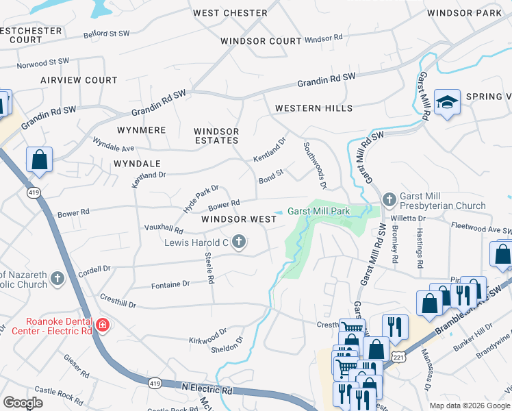 map of restaurants, bars, coffee shops, grocery stores, and more near 3727 Hyde Park Drive in Cave Spring