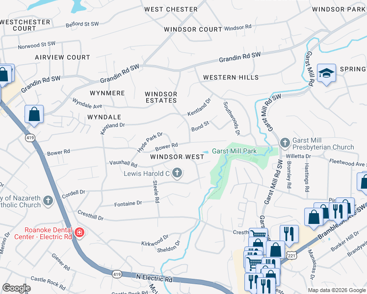 map of restaurants, bars, coffee shops, grocery stores, and more near 3727 Hyde Park Drive in Cave Spring