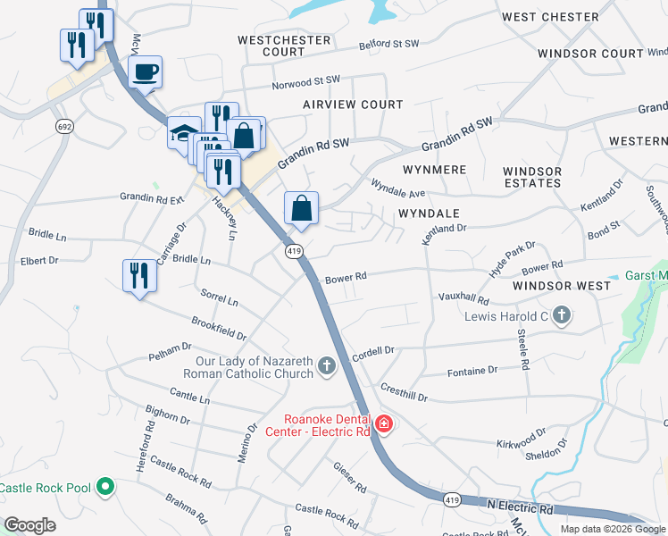 map of restaurants, bars, coffee shops, grocery stores, and more near 4962 Bower Road in Cave Spring