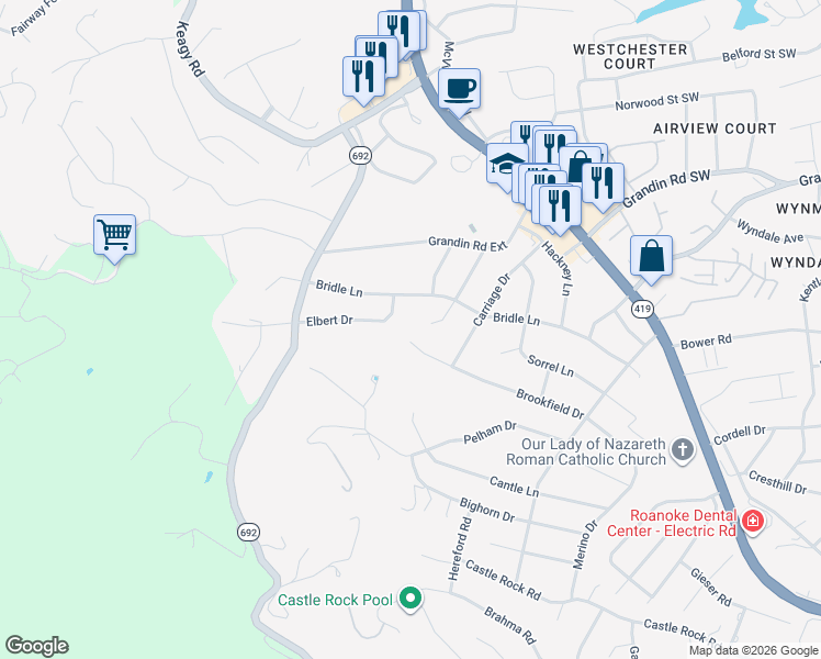 map of restaurants, bars, coffee shops, grocery stores, and more near 1918 Brookfield Ave in Roanoke