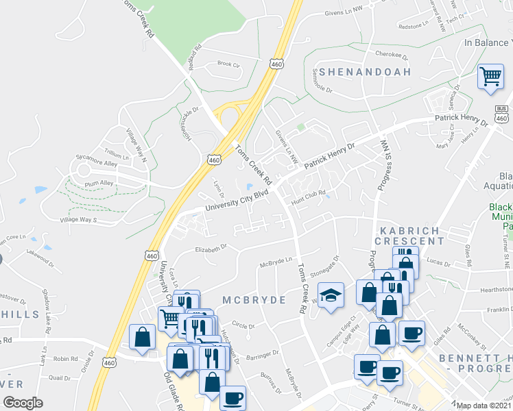 map of restaurants, bars, coffee shops, grocery stores, and more near 702 Appalachian Drive in Blacksburg