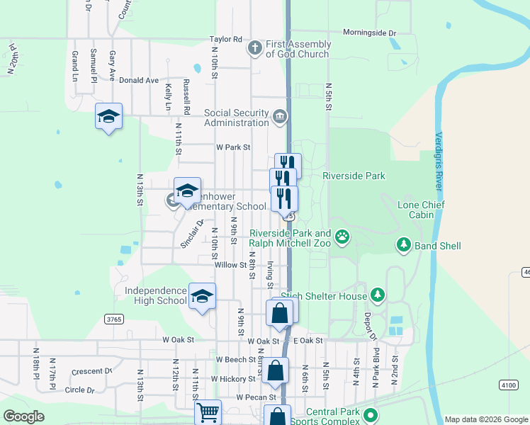 map of restaurants, bars, coffee shops, grocery stores, and more near 1735 Irving Street in Independence
