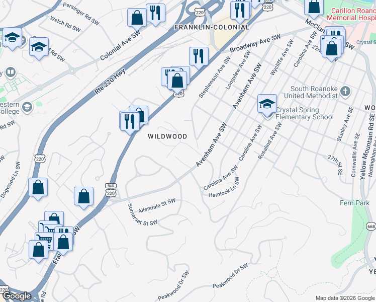 map of restaurants, bars, coffee shops, grocery stores, and more near 3027 Avenham Ave SW in Roanoke
