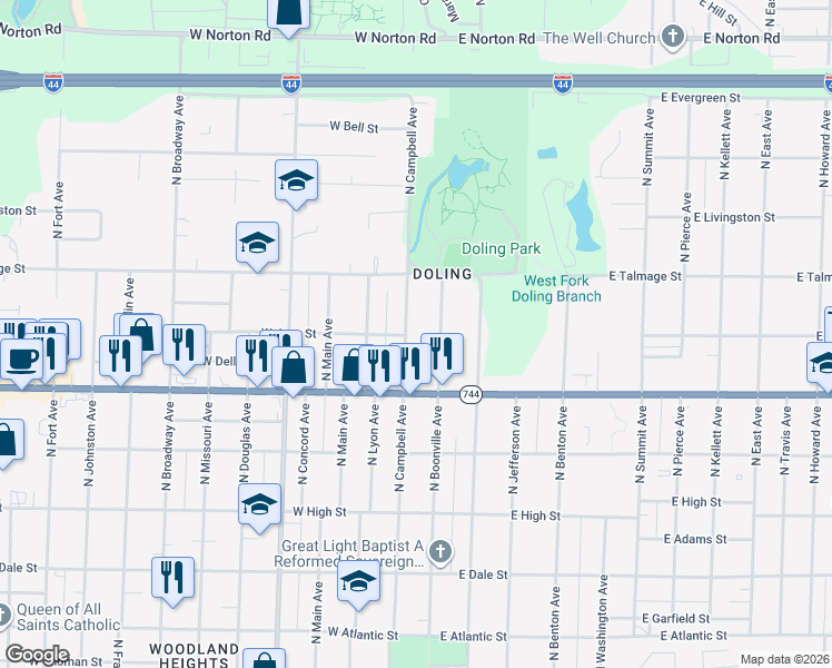 map of restaurants, bars, coffee shops, grocery stores, and more near 2444 North Campbell Avenue in Springfield