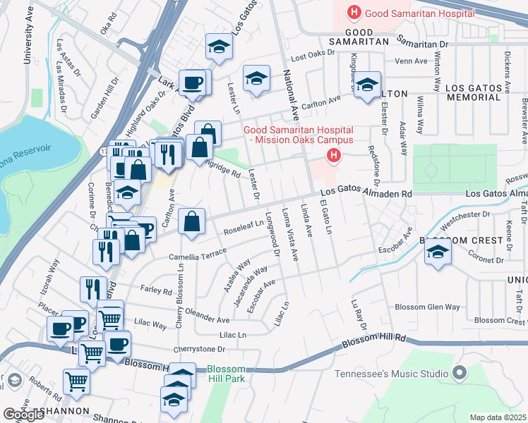 map of restaurants, bars, coffee shops, grocery stores, and more near 15543 Longwood Drive in Los Gatos