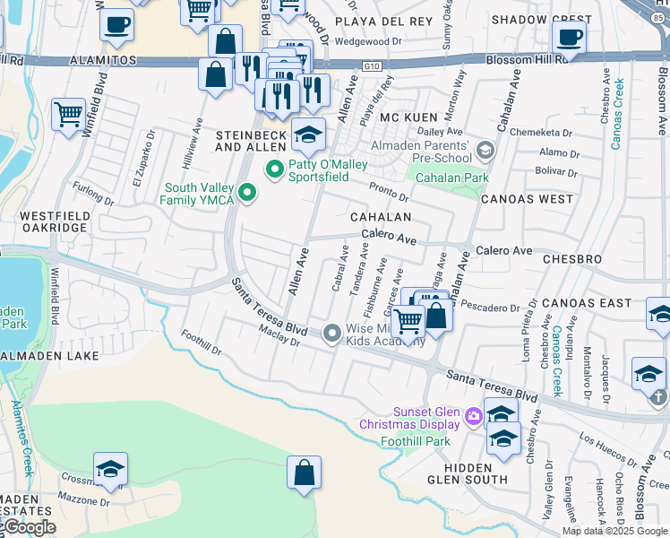 map of restaurants, bars, coffee shops, grocery stores, and more near 5897 Cabral Avenue in San Jose