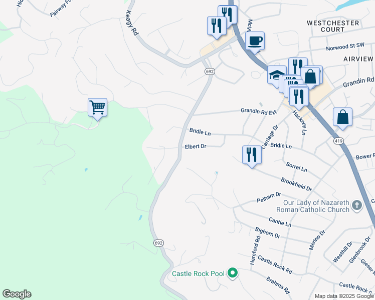 map of restaurants, bars, coffee shops, grocery stores, and more near 1811 Elbert Drive in Cave Spring
