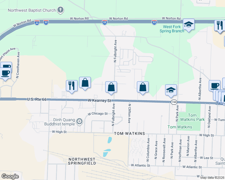 map of restaurants, bars, coffee shops, grocery stores, and more near 2418 Cottage in Springfield
