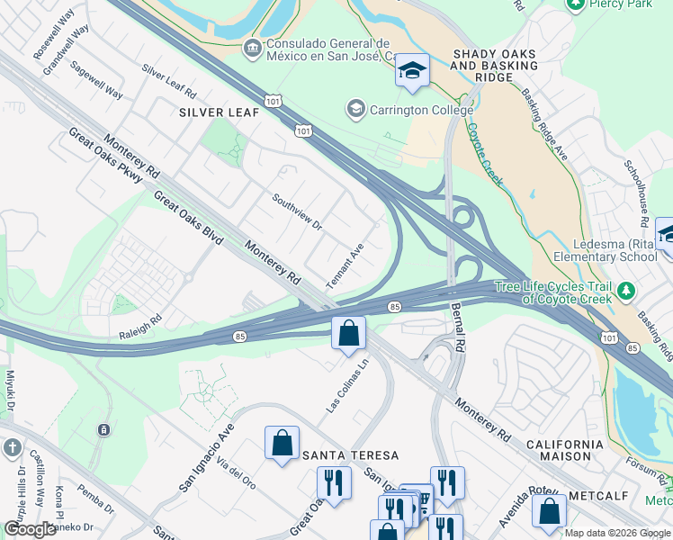 map of restaurants, bars, coffee shops, grocery stores, and more near 5962 Southlite Court in San Jose