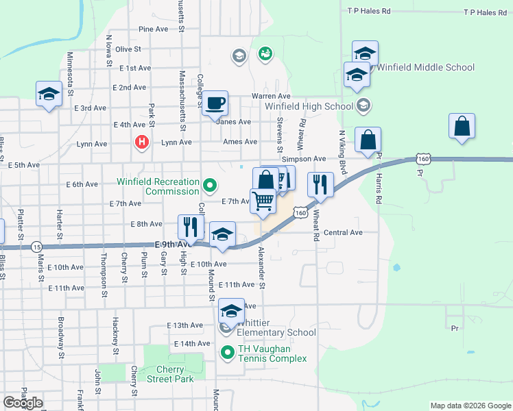 map of restaurants, bars, coffee shops, grocery stores, and more near 1906 East 9th Avenue in Winfield