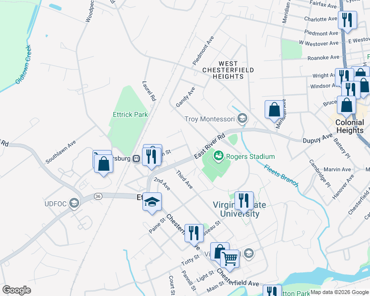 map of restaurants, bars, coffee shops, grocery stores, and more near 20417 Williams Street in Ettrick
