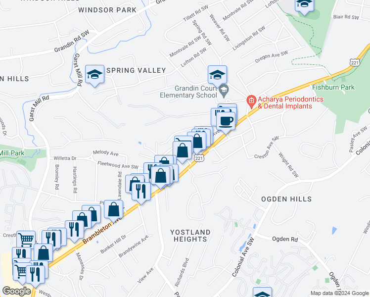 map of restaurants, bars, coffee shops, grocery stores, and more near 3031 Fleetwood Avenue Southwest in Roanoke