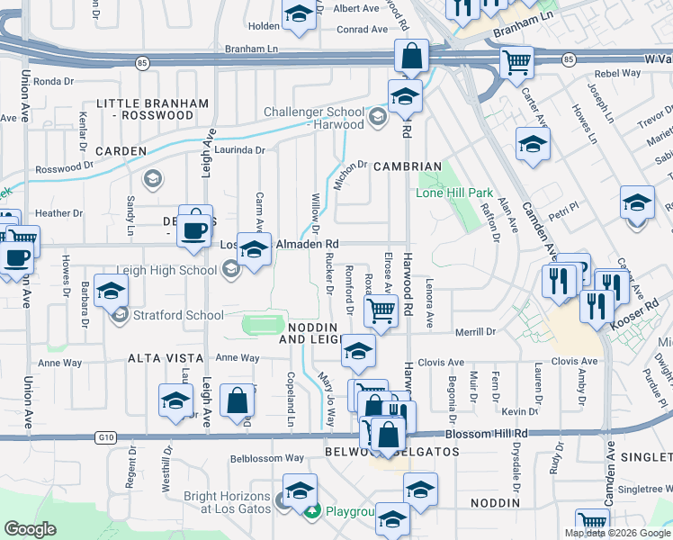 map of restaurants, bars, coffee shops, grocery stores, and more near 5283 Rucker Drive in San Jose