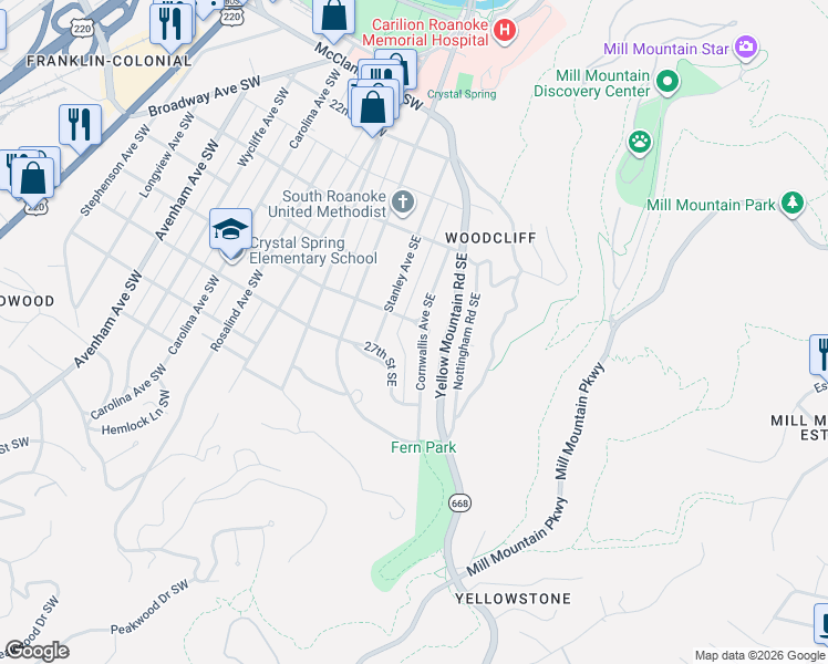 map of restaurants, bars, coffee shops, grocery stores, and more near 2619 Cornwallis Avenue Southeast in Roanoke