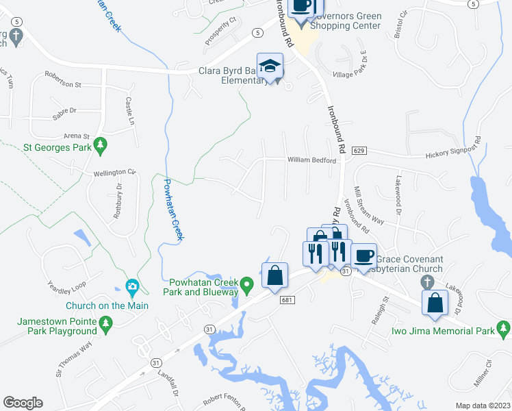 map of restaurants, bars, coffee shops, grocery stores, and more near 2906 John Proctor East in Williamsburg