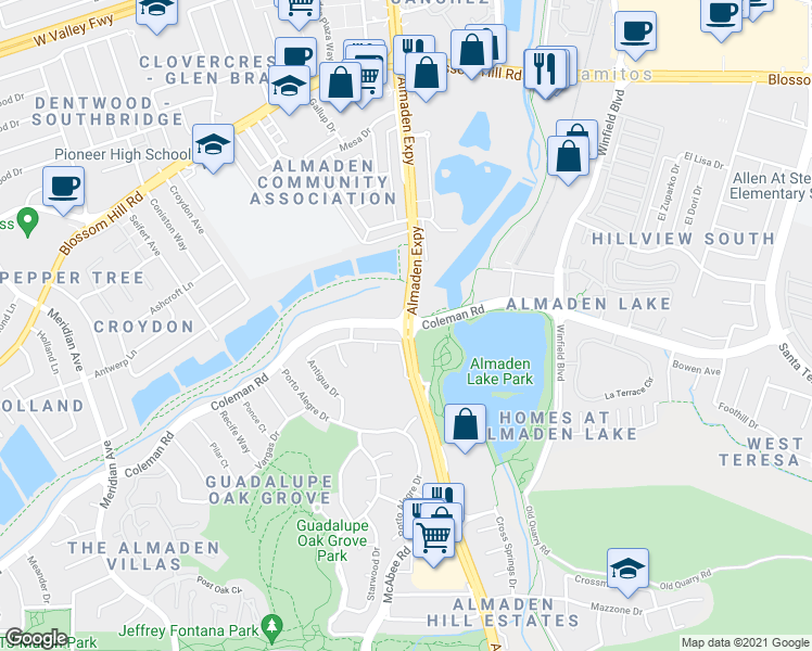 map of restaurants, bars, coffee shops, grocery stores, and more near Almaden Expy & Coleman Rd in San Jose