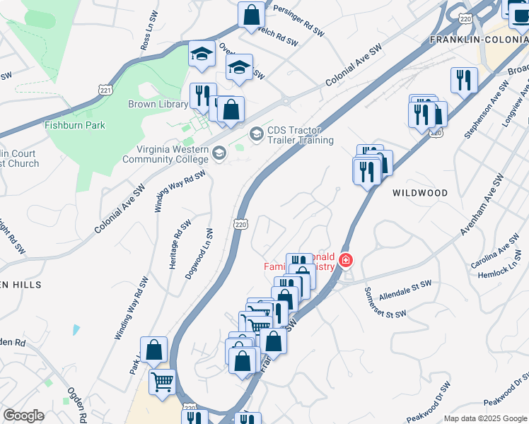map of restaurants, bars, coffee shops, grocery stores, and more near 834 Duke Of Gloucester Street in Roanoke