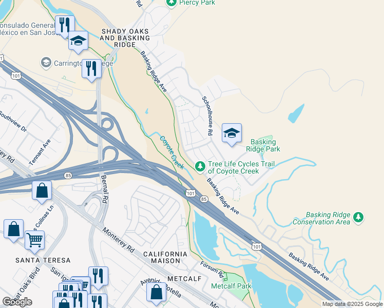 map of restaurants, bars, coffee shops, grocery stores, and more near 1018 Niguel Lane in San Jose