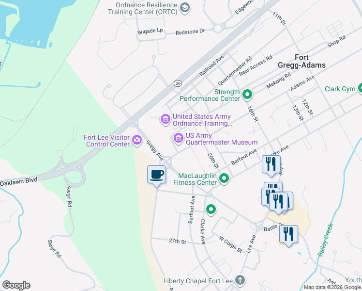 map of restaurants, bars, coffee shops, grocery stores, and more near 1201 22nd Street in Fort Gregg-Adams
