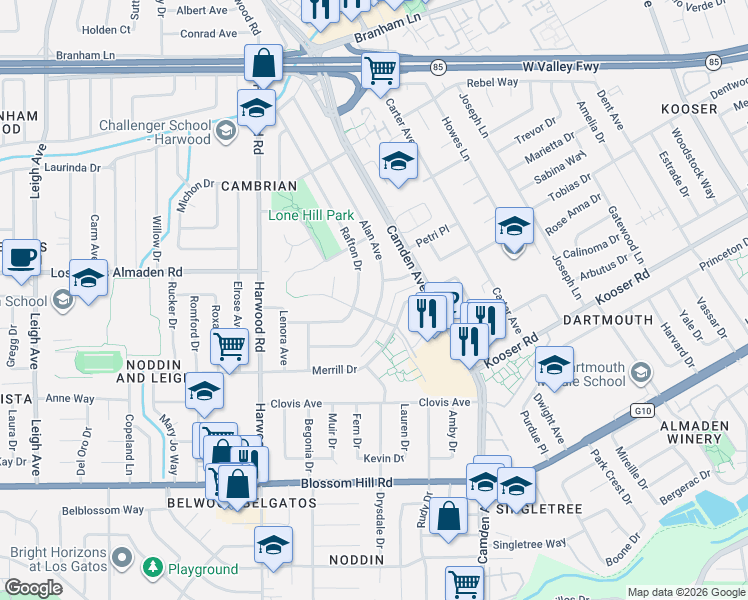 map of restaurants, bars, coffee shops, grocery stores, and more near 5286 Alan Avenue in San Jose