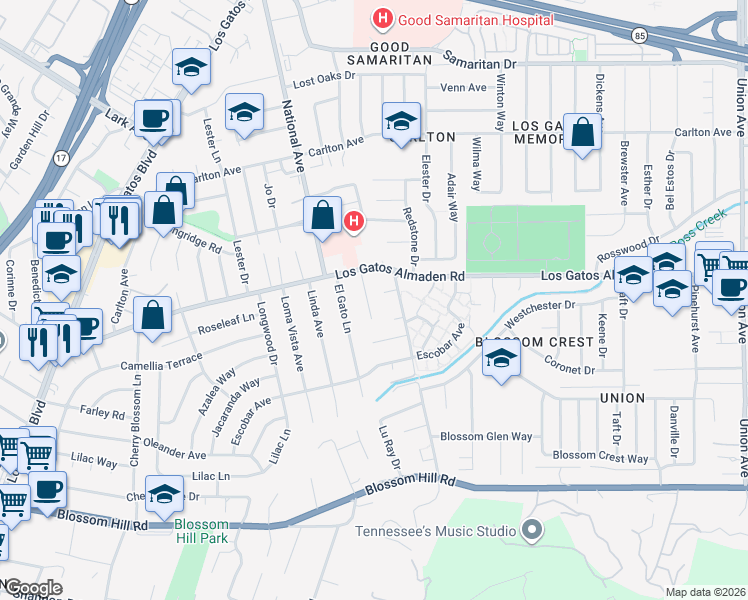 map of restaurants, bars, coffee shops, grocery stores, and more near 124 Verde Court in Los Gatos