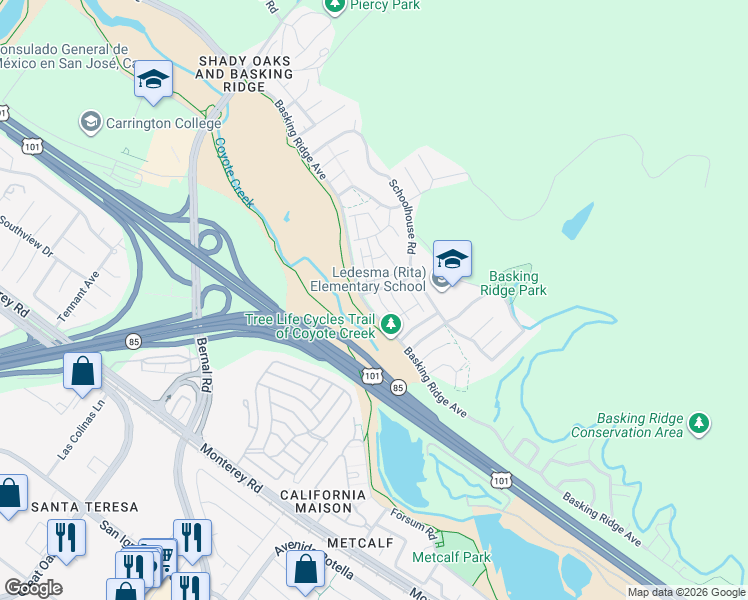 map of restaurants, bars, coffee shops, grocery stores, and more near 1038 Niguel Lane in San Jose