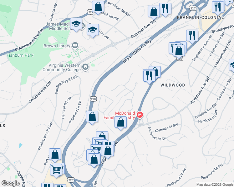 map of restaurants, bars, coffee shops, grocery stores, and more near 3338 Belshire Court Southwest in Roanoke