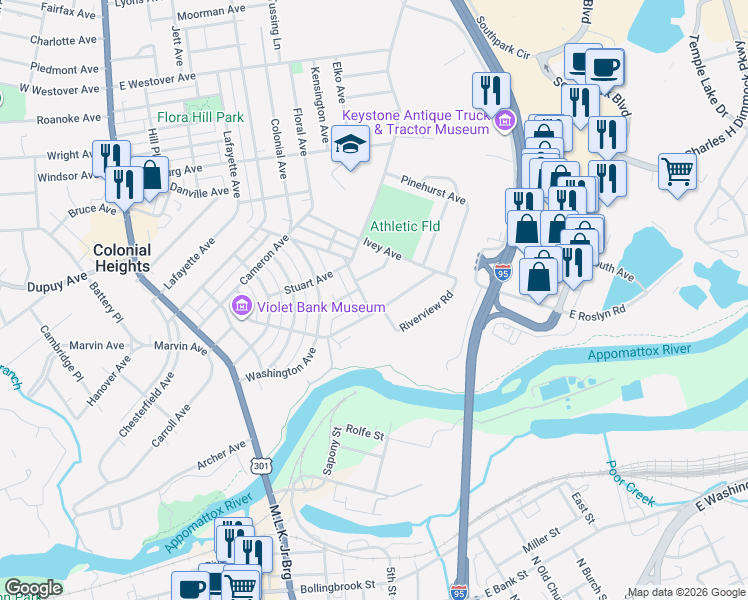 map of restaurants, bars, coffee shops, grocery stores, and more near 436 Roslyn Avenue in Colonial Heights