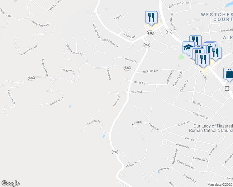 map of restaurants, bars, coffee shops, grocery stores, and more near 1700 Elbert Drive in Roanoke