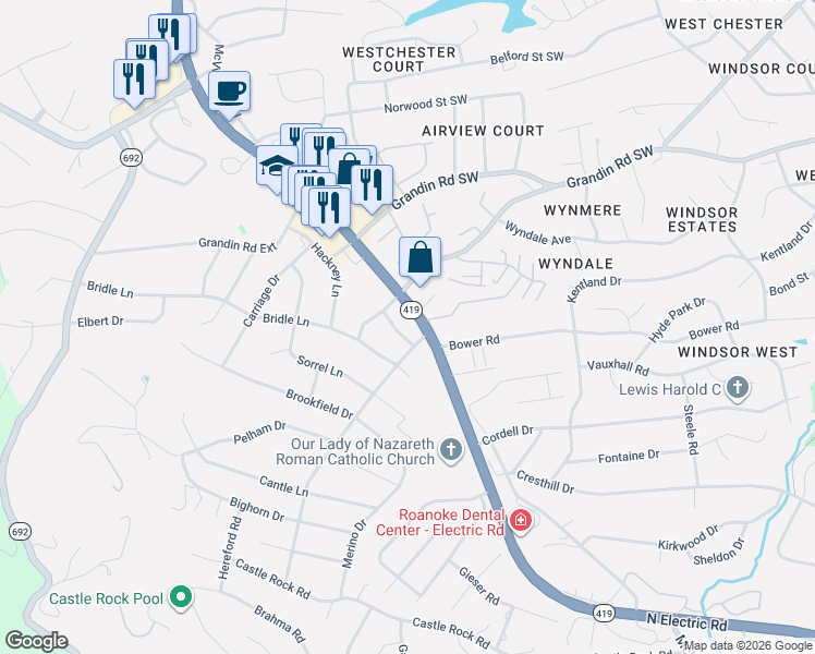 map of restaurants, bars, coffee shops, grocery stores, and more near 5016 Stoneybrook Dr in Roanoke